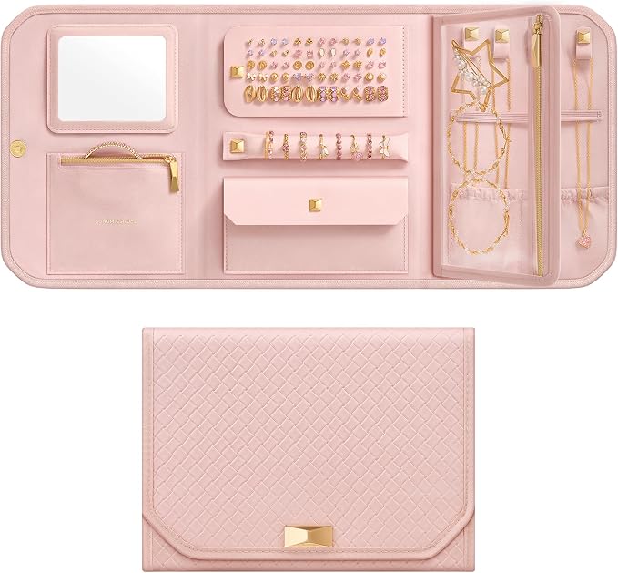 SONGMICS HOME Travel Jewelry Case, Foldable Jewelry Organizer with Mirror, Sectioned Storage, Large Capacity, Woven Embossed PU Leather, Gift Idea, Jelly Pink UJBC196R01 by SONGMICSHOME