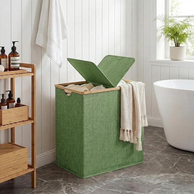 efluky Laundry Hamper with Lid, Double Laundry Hamper with 2 Removable Bags, 2 Section Laundry Basket with Bamboo Handles for Bathroom, Bedroom & Laundry Room,140L Green - Image 7