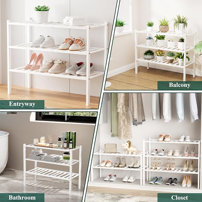 Smiry Shoe Rack, 4 Tier Long Bamboo Shoe Organizer, Stackable Free Standing Wooden Shoe Storage Shelf for Closet, Entryway, Front Door Entrance, White - Image 4