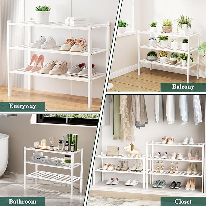 Smiry Shoe Rack, 3 Tier Small Bamboo Shoe Organizer, Stackable Free Standing Wooden Shoe Storage Shelf for Closet, Entryway, Front Door Entrance, White - Image 7
