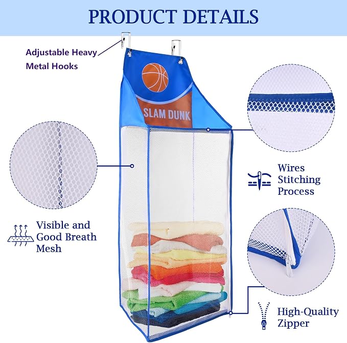 SPINFOX 2 Pack Over the Door Laundry Hamper, Hanging Basketball Laundry Hamper with Zipper, Foldable Mesh Laundry Bakset for Dirty Cloth Toy Towel Saving Space Storage and Organization - Basketball - Image 5