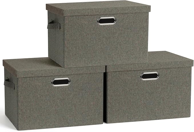Graciadeco Large 17" 36 Quart Collapsible Stackable Storage Bins with Lids, 3 Packs Dark green Foldable Fabric Closet Storage Boxes with Lids, Heavy-duty Linen Cube Baskets(17x12x11) by GraciadecoStorage