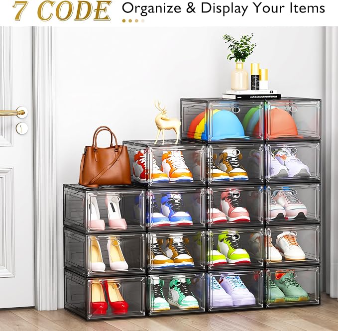 7 code Large Clear Shoe Boxes Organizer【Thicker Material】 Stronger Shoe Box with Magnetic Door, Stackable Shoe Storage Box for Closet, Foldable Space-Saving Storage Bins Shoe Cabinet, Black 9-Pack - Image 5
