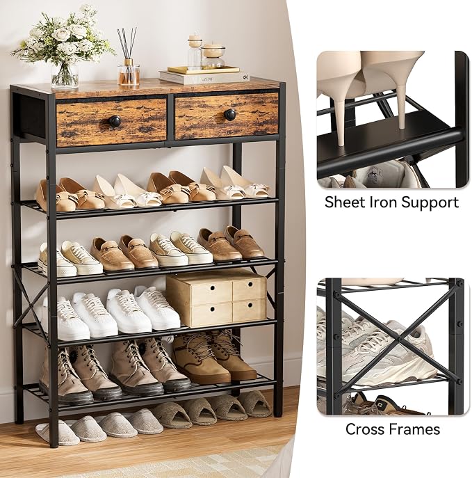 Shoe Rack for Entryway, 5 Tier Shoe Organizer with 2 Non-woven Drawers, Metal Storage Shoe Shelf for 16-20 Pairs of Shoes, with Wooden Top and Steel Frame, Shoe Stand for Closet Rustic Brown - Image 6