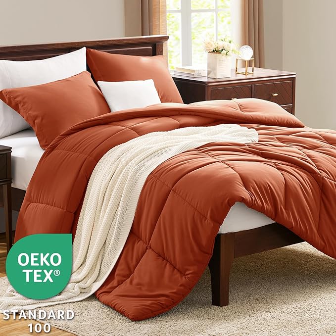 CozyLux Queen Size Comforter Sets Terracotta - 3 Pieces Burnt Orange Box Stitched Queen Bed Set for All Seasons, Soft Lightweight Bedding Sets with 1 Down Alternative Comforter and 2 Pillow Shams