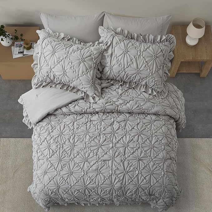 BEDAZZLED King Size Comforter Sets, Grey Bedding Comforter Set, 3 Pieces Pinch Pleat Bedding Sets with Comforter and Pillowcases Soft Farmhouse Shabby Chic Comforter for All Season