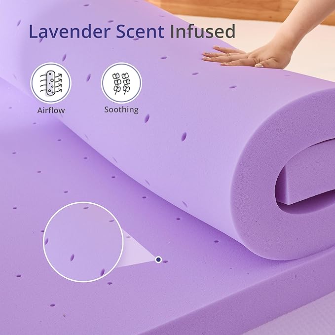 2 Inch Twin XL Lavender Scented Memory Foam Mattress Topper for Pressure Relieving, Ventilated for Cooling Sleep, CertiPUR-US Certified, Medium Feel Mattress Pad in a Box, 38"x80", Twin XL Size