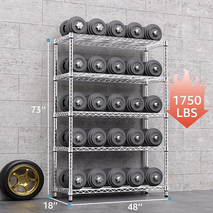 M MZG 1750 LBS Storage Shelves 5-Tier Utility Shelving Unit Steel Organizer Wire Rack for Home,Kitchen,Office,Garage, Capacity 17.7" D x 47.2" W x 72.3" H | Organizer Wire Rack, for Home, Kitchen, Office, Garage, 1750 LBS Capacity - Image 3