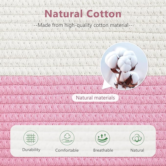 ECDYQXVU Cotton Rope Shelf Storage Basket, 15x10x9 in, Shelf Storage Baskets for Clothes, Towels, Books, Laundry (White/ Pink, 2 Pack) - Image 3