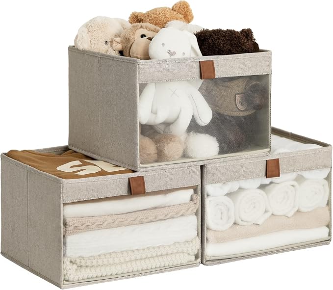 StorageWorks Closet Storage Bins, Large Storage Baskets with Clear Window and Handles, Foldable Fabric Organizer for Clothes, Shelves, Brown and Beige, 3 Pack by StorageWorks