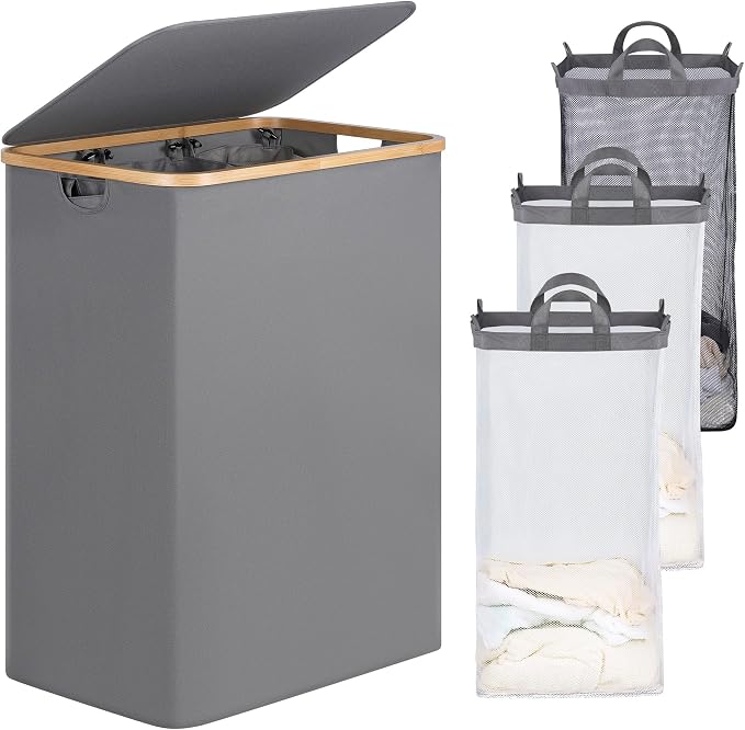 efluky Laundry Hamper with Lid, Trio Laundry Hamper with 3 Removable Bags, 3 Section Laundry Basket with Bamboo Handles for Bathroom, Bedroom & Laundry Room, 160L Silver Grey by efluky