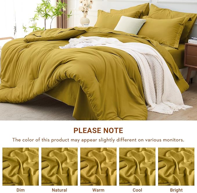 MUXHOMO 7 Pieces King Comforter Set, Soft Bed in a Bag King Size, All Season Bedding Set with Comforter, Flat Sheet, Fitted Sheet, Pillowcases & Shams, Mustard Yellow