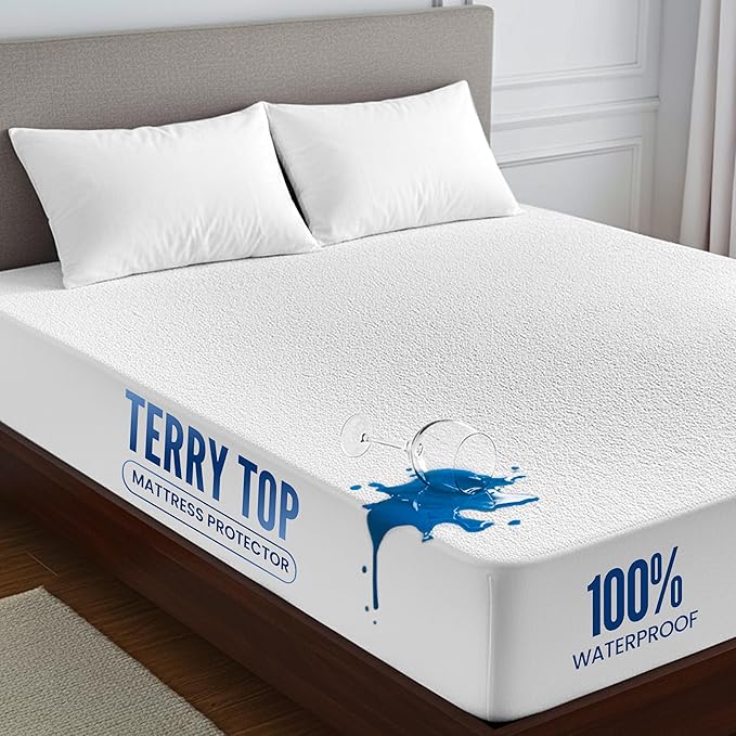 LUX Décor 100% Waterproof Terry California King Mattress Protector – Soft, Noiseless Terry Cloth Top, Absorbent Breathable Mattress Cover, 16 inches Fitted Deep Pocket