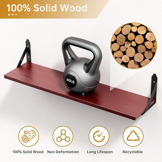 ROMGUAR CRAFT Wood Floating Shelves Set of 4, Rustic Storage Decor Wall Shelves, Wall Mounted Shelf for Living Room, Bedroom 23.6" x 6", Red - Image 4