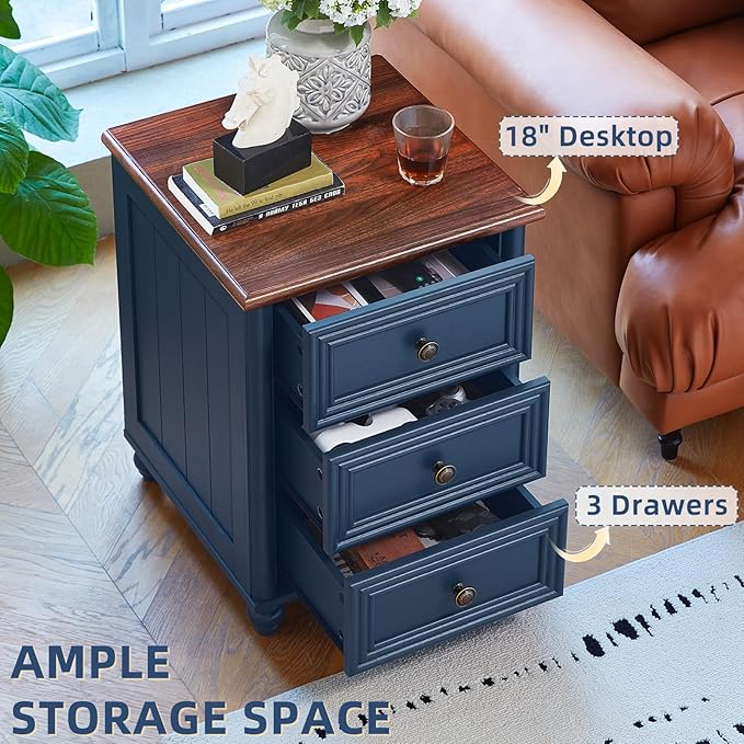 RWYHG 18" Farmhouse Night Stand Set of 2, Blue Wood Nightstand with 3 Drawers, Bedside End Table with Storage and Roman Column, Bed Side Tables Cabinet for Bedroom, Living Room, and Closet