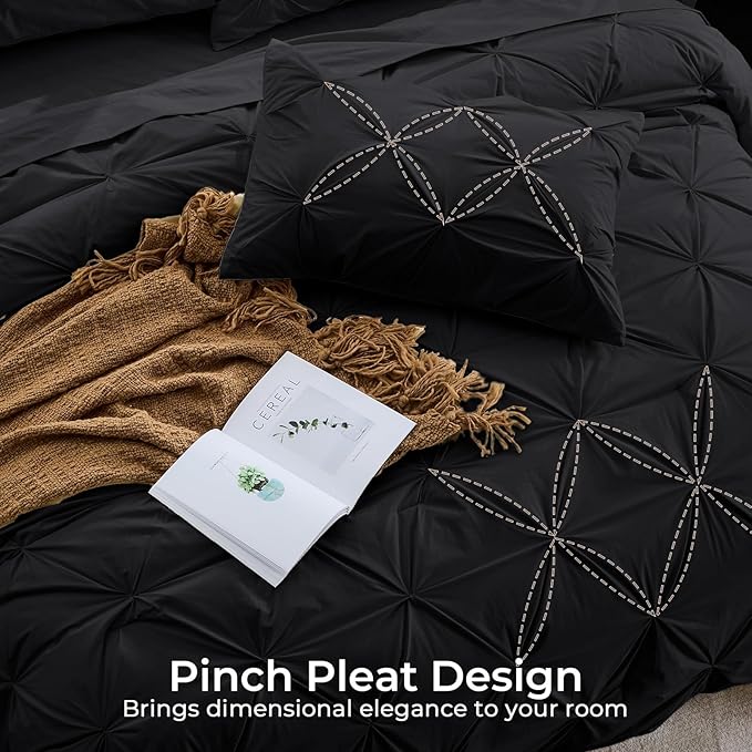 Sasttie Twin XL Comforter Set, 5-Piece Bed in a Bag, Pintuck Bedding Sets for All Season, Includes Comforter, Flat Sheet, Fitted Sheet, Pillowcase and Pillowsham, Black