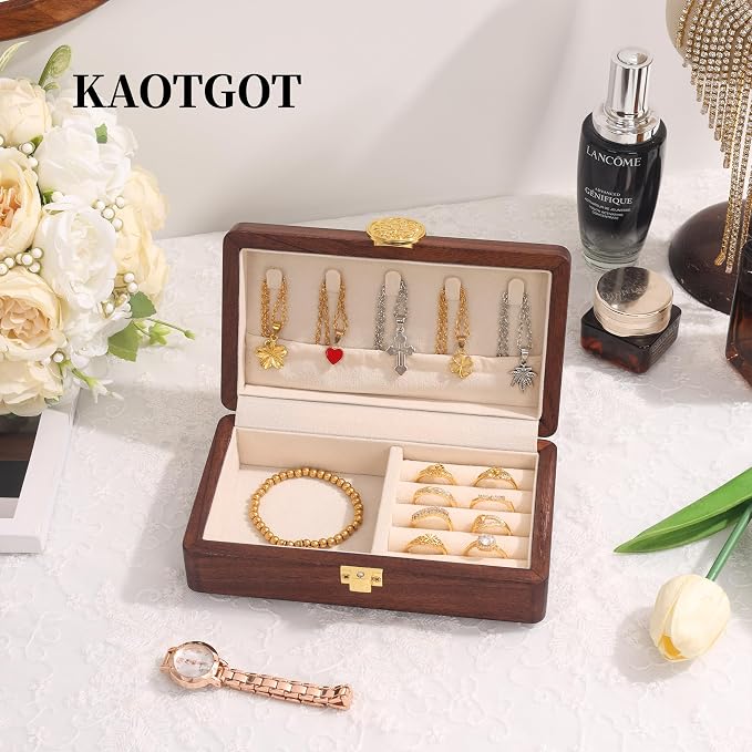 Travel Jewelry Case Wood Small Jewelry Box for Women Wood Jewelry Organizer Storage Holder For Earrings Rings Necklaces Velvet Wooden Jewelry Box With Lock - Image 5