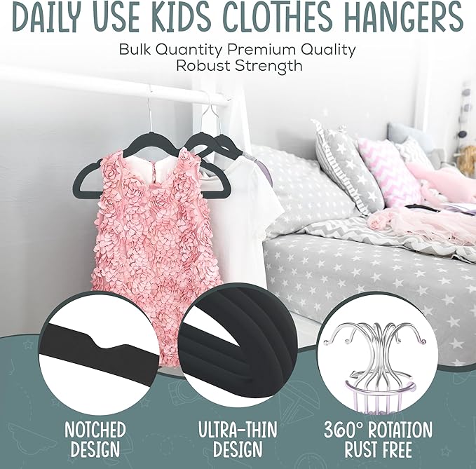 TechZoo 50 Premium Kids Velvet Hangers - 14" Non-Slip Clothes Hangers for Kids & Preteens - Ultra Slim, Space-Saving, Strong & Durable Hangers with 360° Swivel Hook - Black - Image 6
