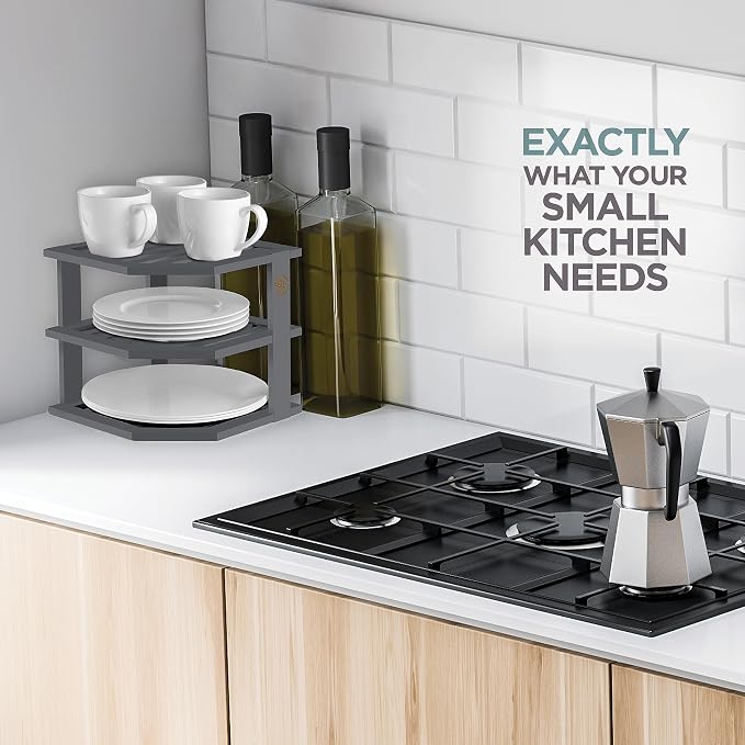 Bambüsi Plate Organizer for Cabinet - Corner Cabinet Organizer and Kitchen Cabinet Organizer Shelf, Kitchen Countertop Organizer for Plates, Dishes and Bowls, Space Saving Corner Rack, Grey - Image 2