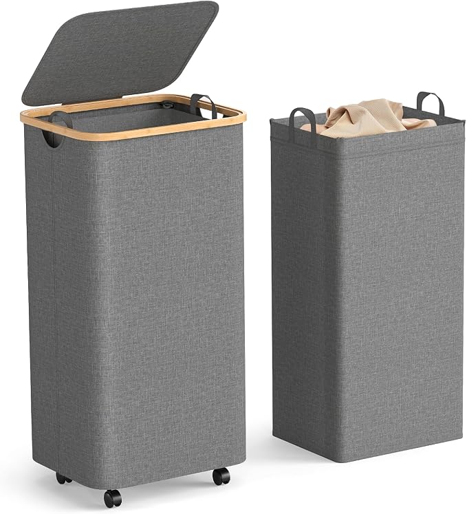 Yecaye 100L Large Capacity Laundry Hamper – Foldable Rolling Laundry Basket, Mobile Clothes Hamper with Wheels, Removable Inner Bag, Bamboo Handle Lid Laundry Bin – Multi-Use Storage,Grey by Yecaye