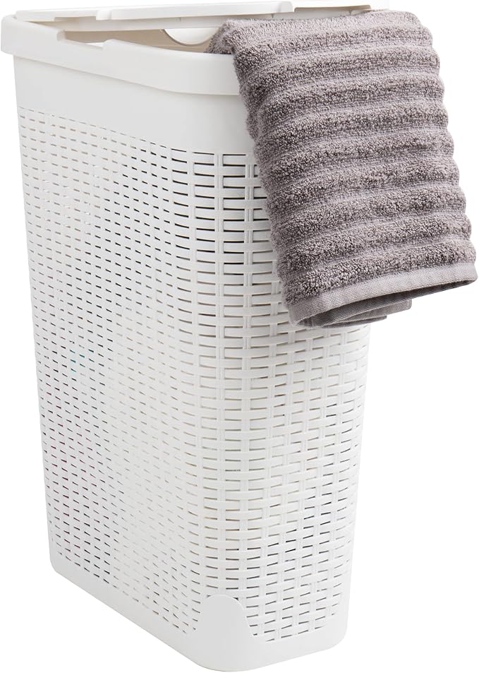 Mind Reader Slim Laundry Hamper with Lid, 40L Clothes Basket, Narrow Tapered Design with Ventilated Cutout Pattern, Plastic, White by MindReader