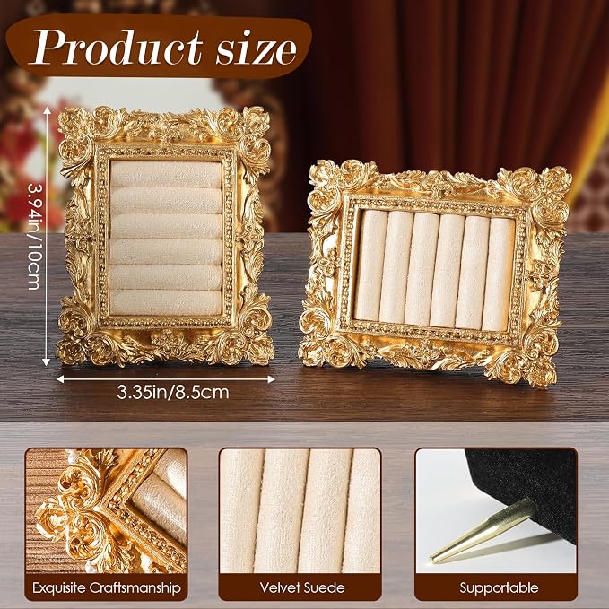 Vintage Ring Holder Rectangle Gold Velvet Display Stand - Baroque Jewelry Organizer Box Tray for Wedding Engagement Anniversary Women Birthday Christmas Gift Photograph Prop (MPF05-Gold White) - Image 6