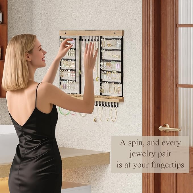 Feyejade Large Rotating Hanging Jewelry Organizer, 5-Tier Earring Holder Storage Holds up to 180 Pairs, Wall Mounted Jewelry Rack for Earrings, Necklaces, Bracelets and Rings, for Girls, Black - Image 3