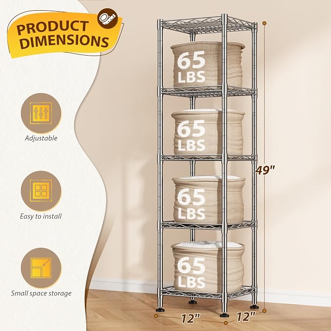 DurayLoly Set of 2 Metal Shelving-5 Tier Storage Shelves:AdjustableShelving and Units Standing Shelving Storage Rack Narrow Shelf for Kitchen Pantry Closet Office 12''Wx12''Dx49''H Chrome - Image 3