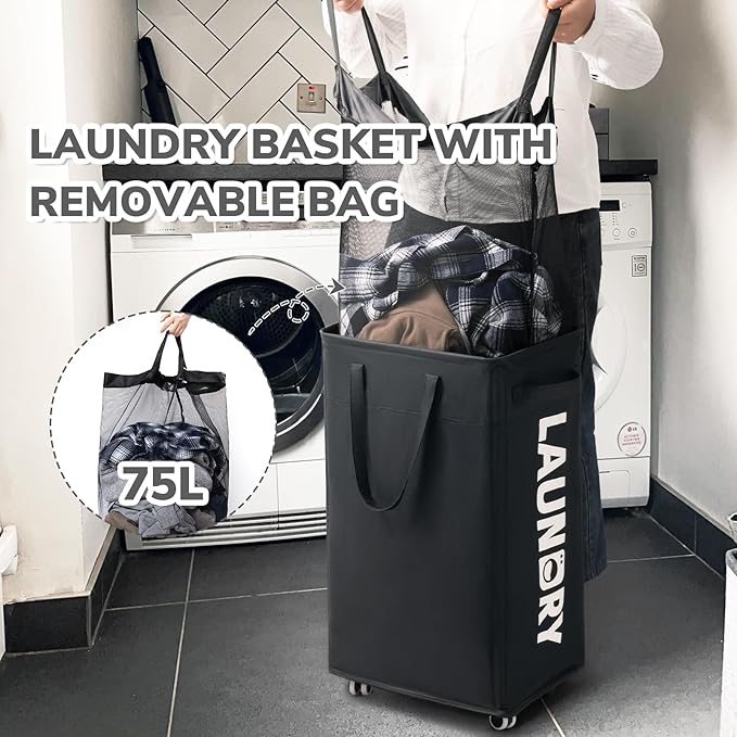 CHICVITA Laundry Hamper with Wheels & Removable Wash Bags -2 Pack, 75L Tall Laundry Basket for Dorms, Large Collapsible Hamper for Corner Spaces - Black - Image 4