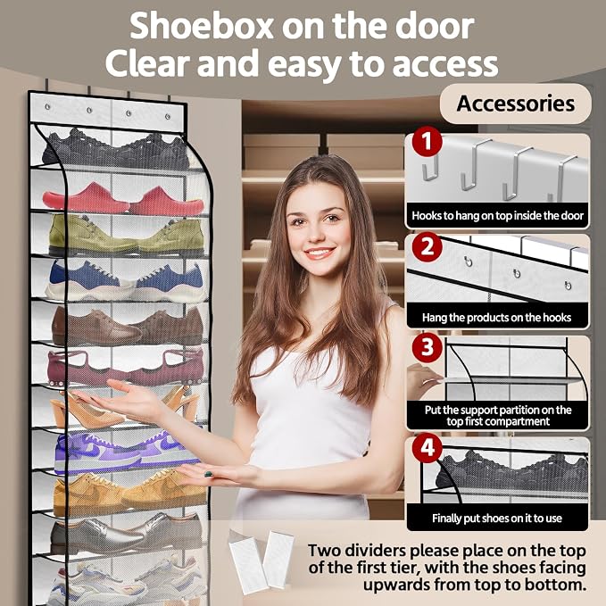 PAULONE 12 Pocket Over the Door Shoe Organizer,Reusable Breathable Large Mesh Bag Men's & Women's Sneaker Organizer,Shoe Organizer for Kids,Hanging Shoe Storage Hanging Bag (White) - Image 4