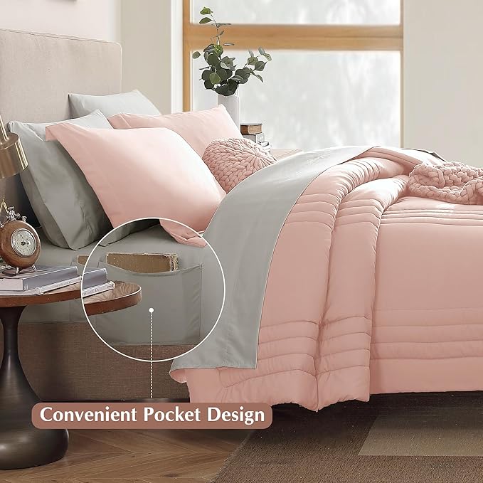 Monbix Full Comforter Set - 7 Pieces Light Pink Bed in a Bag Full Size Bedding Sets with Comforters, All Seasons Comforter with Sheets, Pillowcases & Shams