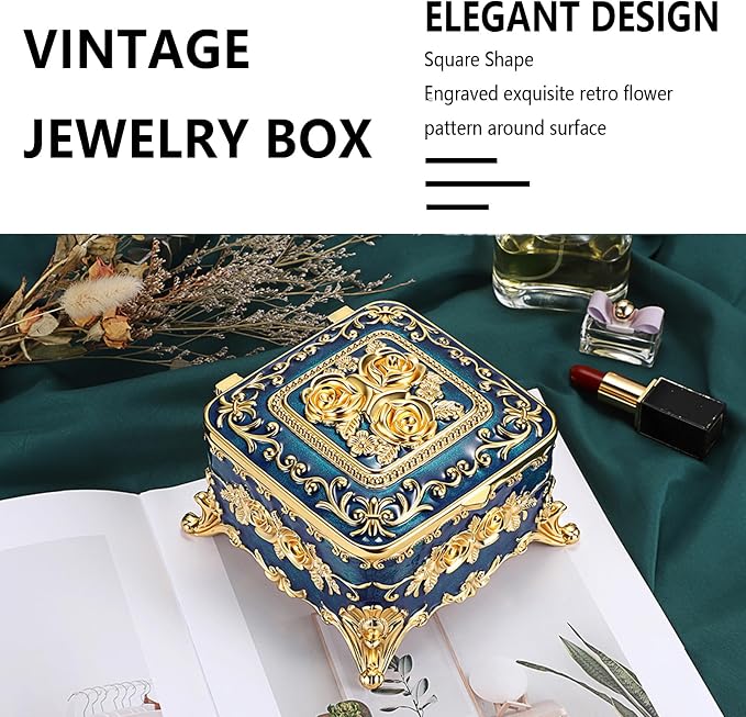 Hipiwe Metal Jewelry Box Decorative Trinket Chest Rectangular Treasure Display Case Keepsake Organizer for Earrings Ring Holder, Blue, 5.1" L x 5.1" W x 3.1" H - Image 2