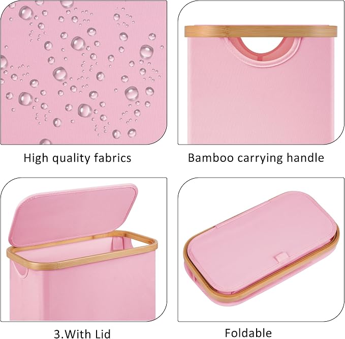 Slim Laundry Basket,60L Laundry Hamper with Lid, Tall Hamper for Laundry,Dirty Cloth Hamper with Bamboo Handle for Toys,Towels, Clothes Organizing,Pink - Image 2