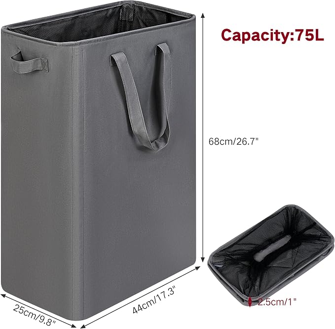 efluky Slim Laundry Basket, Narrow Laundry Hamper with Handles, Collapsible Dirty Clothes Hamper, Tall Laundry Bin for Laundry Room, Dorm and Bedroom, 19.8 Gallon (75L) Grey (Pack of 2) - Image 2