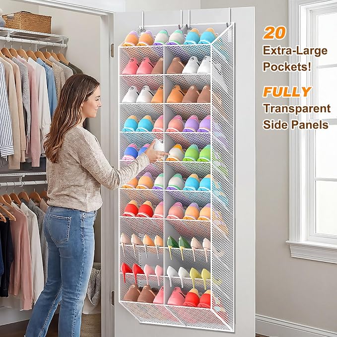 20-30 Pairs Over the Door Shoe Organizer, Breathable Mesh Pocket Hanging Shoe Storage for Closet, 10-Tier Door Shoes Rack, Handing Shoes Holder Fit All the Family's Sneakers, Boots, Heels, Light Grey - Image 3