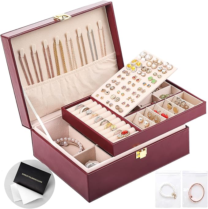Jewelry Boxes for Women Girls PU Leather Jewelry Organizer Box 2 Layer Large Jewelry Storage Case Removable Tray for Necklace Earring Ring with Polishing Cloth and Jewelry Bags by SANIKEON