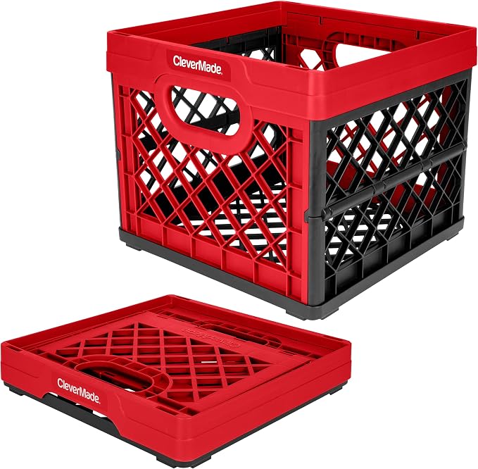 CleverMade Collapsible Milk Crate 25L (6.6 Gal), 50 lb Capacity Heavy Duty Folding Crate – Stackable Storage Crates with File Rails, Plastic Collapsible Crates - Red by CleverMade