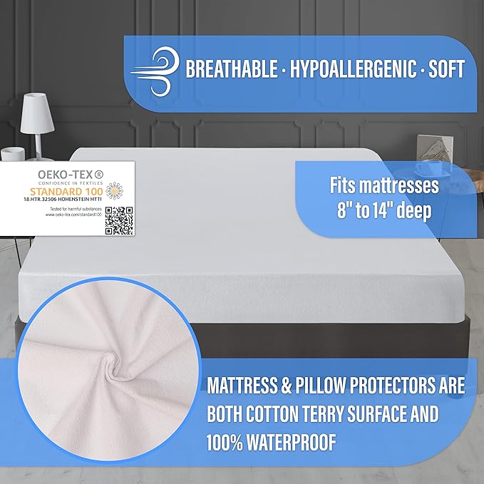 Waterproof Mattress Protector Twin Size with 1 Pillow Cover - Breathable, Hypoallergenic, Cotton Terry Mattress Protector for Safe, Noiseless, Non-Sweaty 8" to 14" Deep Mattress