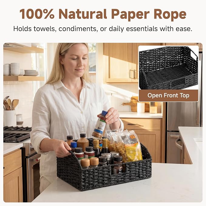 StorageWorks Wicker Baskets with Handles, Pantry Organizers and Storage, Paper Rope Pantry Baskets for Shelves, Black， 2-Pack - Image 4