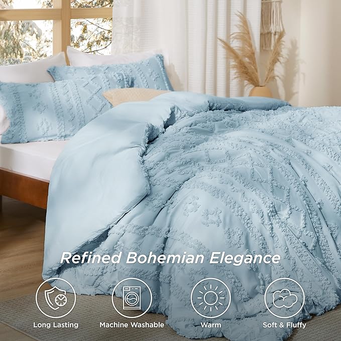 Bedsure Tufted Boho Comforter Set Twin Size - Light Blue Boho Bed Set, GentleSoft™ 2 Pieces Farmhouse Shabby Chic Embroidery Bedding, Gifts for Woman, Soft Jacquard Twin Comforter for All Seasons