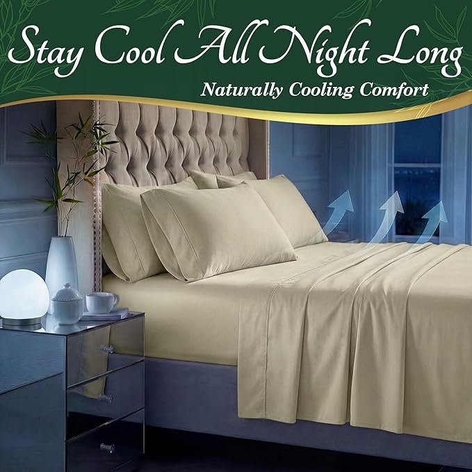 DECOLURE 100% Viscose Derived from Bamboo Sheets California King Size - Luxury 6 Pc Naturally Cooling Sheets, Ultra Soft Bed Set - Deep 17" Pockets, Double Stitching, Oeko Tex Standard (Creme)