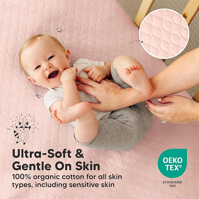 2-Pack Waterproof Crib Mattress Protector Cover Fitted - Quiet Baby Crib Mattress Pad Sheets, 52" x 28" Soft Quilted Cotton Baby Sheet, Machine Washable, Easy Fit, Durable (Mist Rose/Mavy)