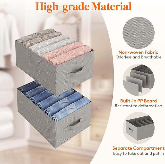 Lifewit 6 Pack Clothes Organizer, 6 Grids Closet Jean Storage Bins with Handles and Support Boards, Foldable Drawer Organizer for Sweater, Pants, T-shirt, Dress, Grey, 42 x 27 x 17 cm/16x10x7'' - Image 5