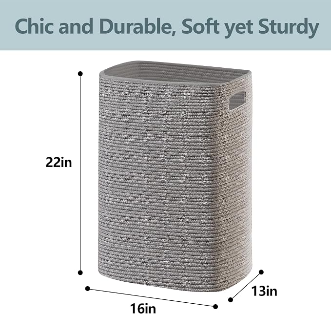MEGASKET Large Laundry Hamper 16"x13"x22" - Tall Woven Laundry Basket, Cotton Rope Dirty Clothes Hamper, Baby Kids Nursery Wicker Laundry Basket, Bedroom Aesthetic, Soft Laundry Bin, Gray Hamper, 75L - Image 3
