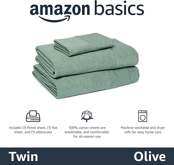 Amazon Basics 100% Cotton Jersey Bed Sheet Set, Twin, Olive (Melange), Solid