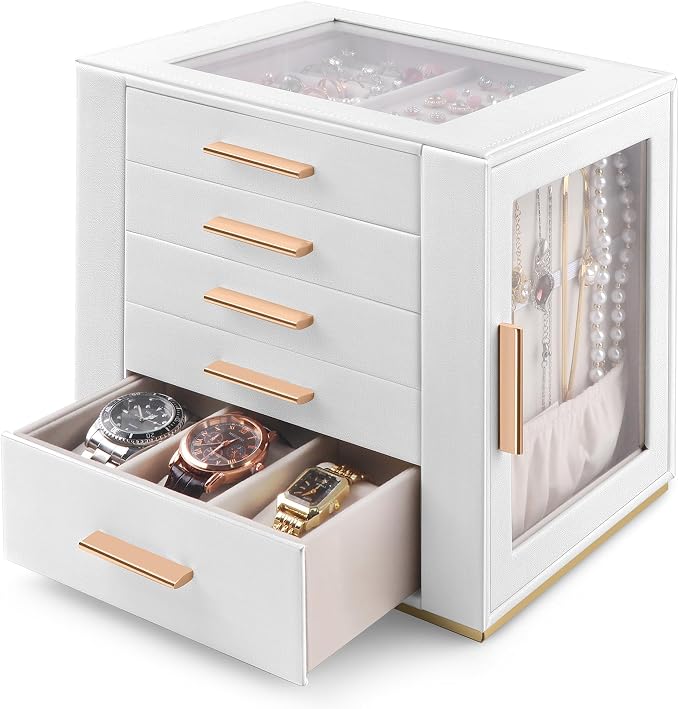Homeanda Jewelry Box for Women with Glass Lid, 5 Drawers Jewelry Organizer and Storage for Necklaces, Rings, Earrings, Bracelets, Gift for Girls and Teens,PU Leather (White) by Homeanda