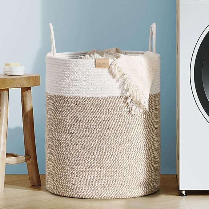 Nunsino Laundry Hamper 62L,Large Laundry Basket for Clothes,Decorative Storage Basket for Blankets,Cotton Rope Woven basket for bedroom,Brown White by Nunsino