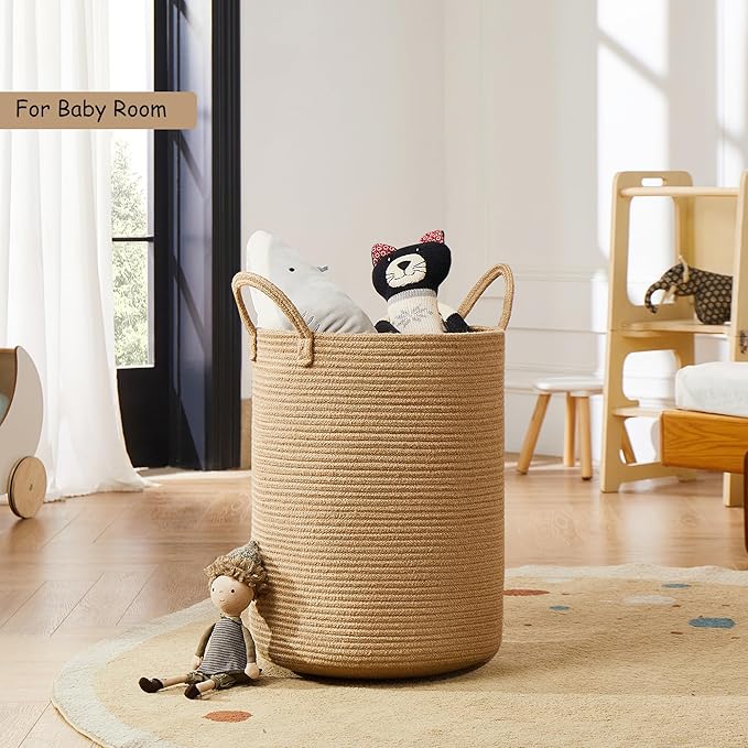60L Jute Woven Laundry Hamper Basket Wicker Rope Clothes Hamper Tall Rattan Blanket Basket in Living Room Bedroom 15Dx20H Inches Large - Image 5