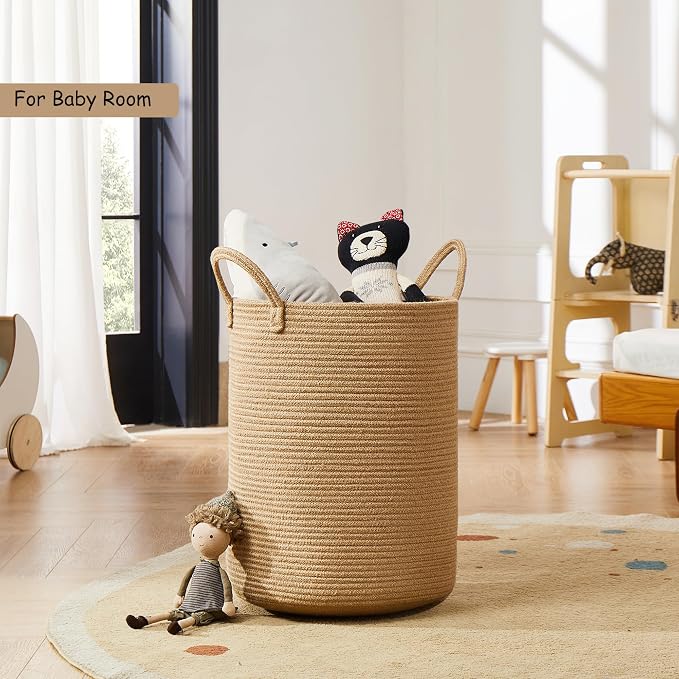 15Dx20H Inches Jute Woven Laundry Hamper Basket Wicker Rope Clothes Hamper Tall Rattan Blanket Basket in Living Room Bedroom 62L Large Capacity - Image 5
