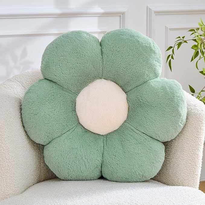 Kcvvcr Flower Pillow Cute Decorative Throw Pillow with Faux Rabbit Fur Soft Daisy Plush Floor Cushion Aesthetic Flower Shaped Pillow Home Decor for Bed Sofa Couch (Sage Green, 19.6 Inch)